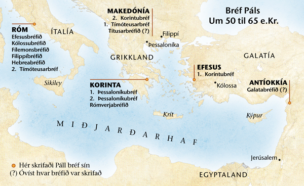 Kort yfir staði þar sem Páll skrifaði bréf.