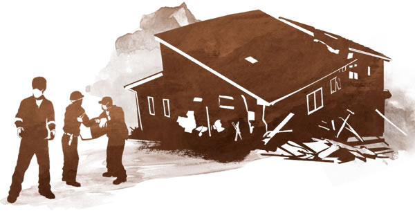 Komið með hjálpargöng á hamfarasvæði.