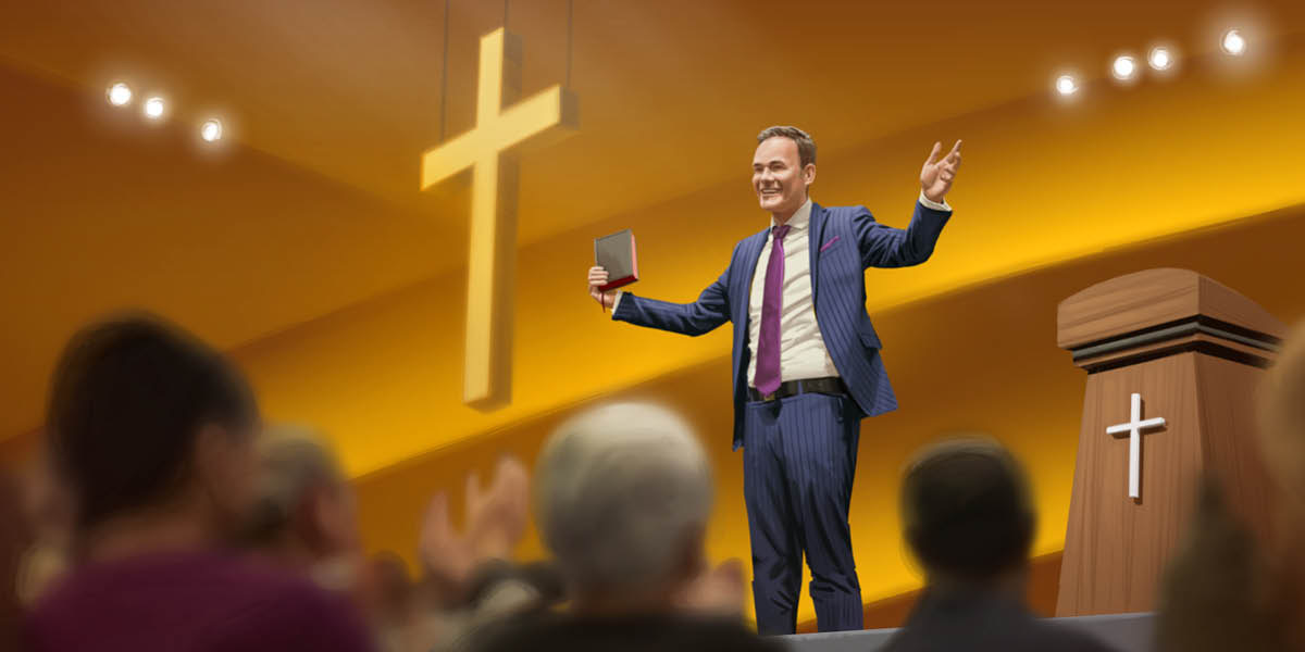 Trúarleiðtogi heldur á biblíu og talar við áhreyendur sem klappa fyrir honum.