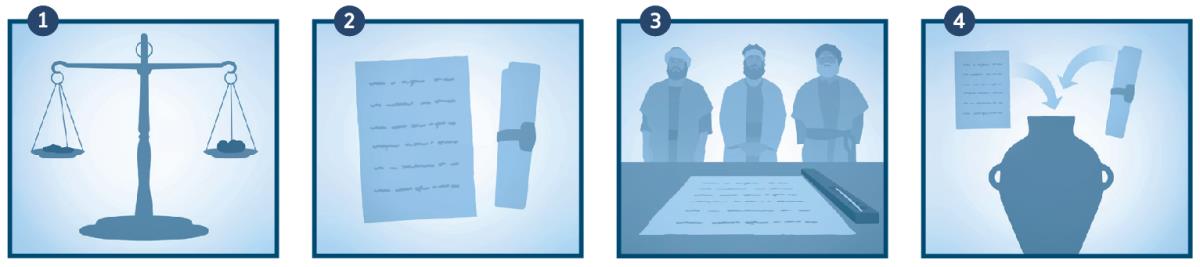 Jeremía vegur silfur til að kaupa land, lætur votta undirrita kaupsamninginn og setur hann síðan í leirker