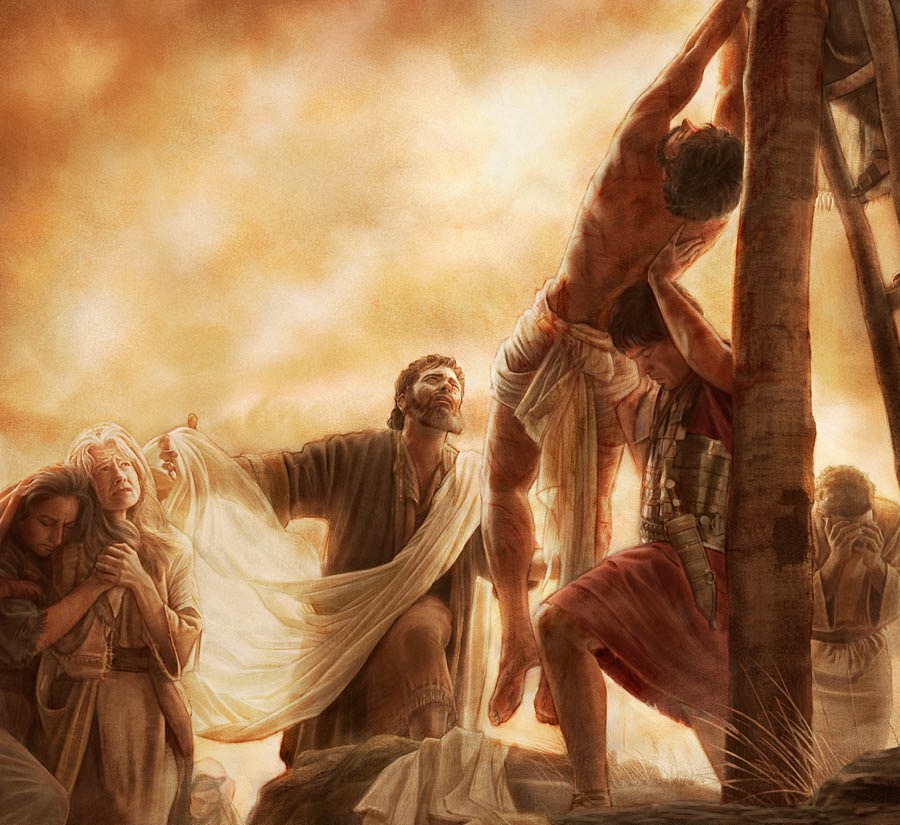 Jesús er tekinn niður af staurnum og sveipaður línklæði