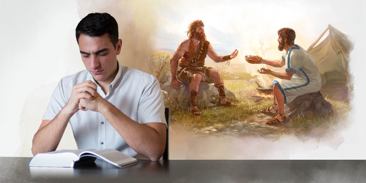 Bróðir hugleiðir það sem hann var að lesa í Biblíunni. Hann sér Esaú fyrir sér selja Jakobi frumburðarréttinn í skiptum fyrir skál af baunakássu.