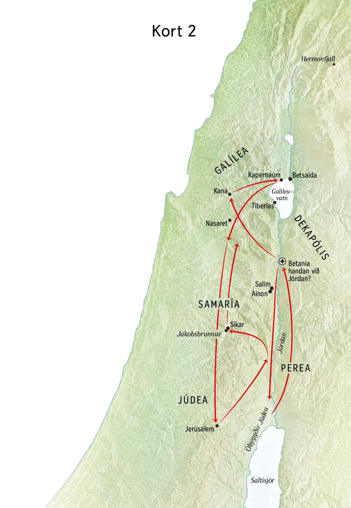 Kort yfir staði sem tengjast ævi Jesú, þar á meðal áin Jórdan og Júdea.