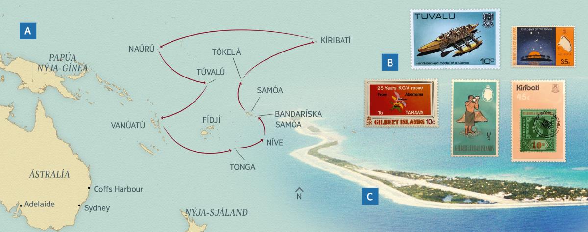 Kort af ferðum Payne-hjónanna í farandstarfinu. Frímerki frá sumum eyjunum. Eyjan Funafuti á Túvalú.