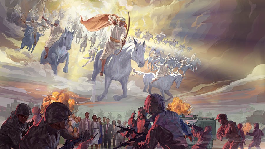 Jesús og himneskur her hans ríða fram á hvítum hestum til stríðsins við Harmagedón til að eyða óvinum Guðs. Mikill múgur fólks lifir af.