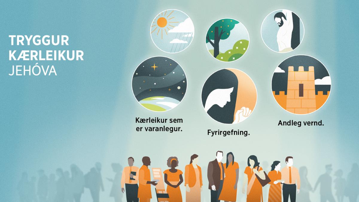 Athygli beint að þjónum Jehóva meðal mannkynsins. Samsett mynd: Kærleikur Jehóva í verki. 1. Varanlegum kærleika lýst með jörð umkringdri stjörnubjörtum himni. 2. Fyrirgefningu lýst með systur á bæn. 3. Andlegri vernd lýst með varnarmúr. Í bakgrunninum má sjá kærleikann sem Jehóva sýnir öllu mannkyninu. 4. Sólskin og regn. 5. Blóm, plöntur og tré. 6. Lausnargjaldið.