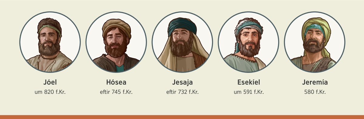 Myndir: Spámenn sendir af Jehóva til að leiðrétta þjóð hans sem hafði óhlýðnast. 1. Jóel: um 820 f.Kr. 2. Hósea: eftir 745 f.Kr. 3. Jesaja: eftir 732 f.Kr. 4. Esekíel: um 591 f.Kr. 5. Jeremía: 580 f.Kr.