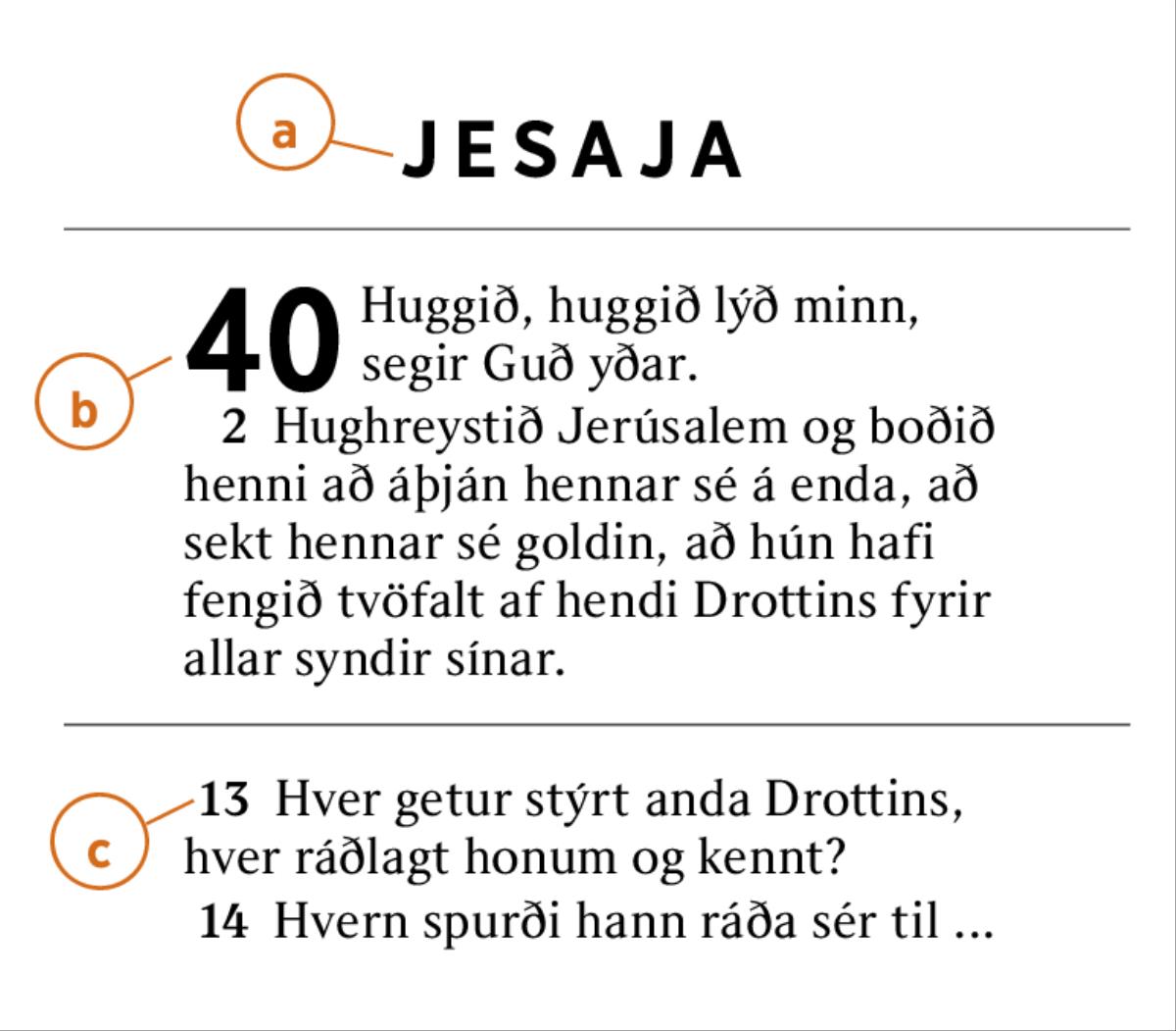 Biblíutexti þar sem merkt er við a) biblíubók, b) kafla og c) vers.