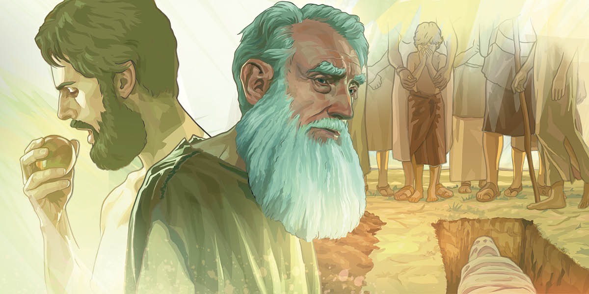 Adam borðar af forboðna ávextinum. Adam sem gamall maður. Fólk stendur við gröf Adams.