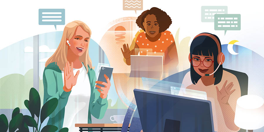 Amiche che vivono in parti del mondo diverse si tengono in contatto tramite una videochiamata.