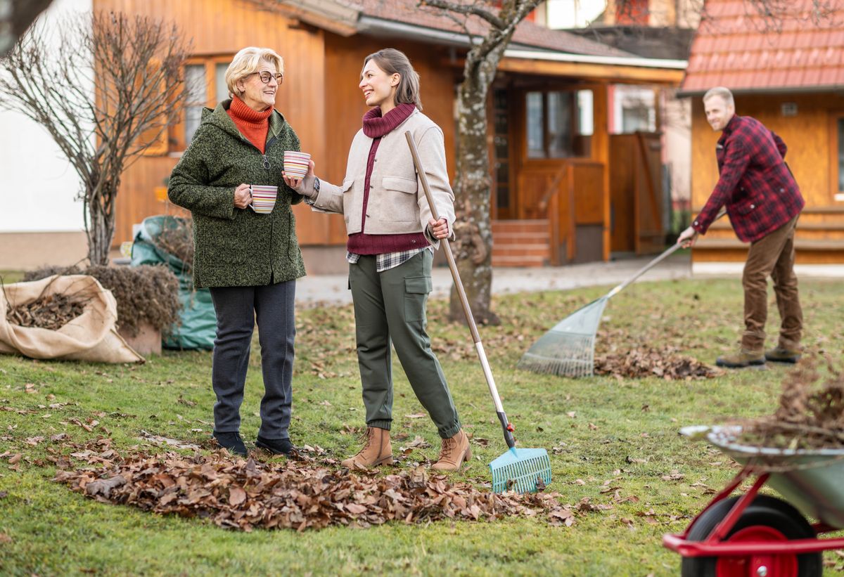 Due coniugi aiutano una donna anziana a fare dei lavori in giardino. Mentre raccolgono le foglie con un rastrello, lei porta loro qualcosa di caldo da bere.