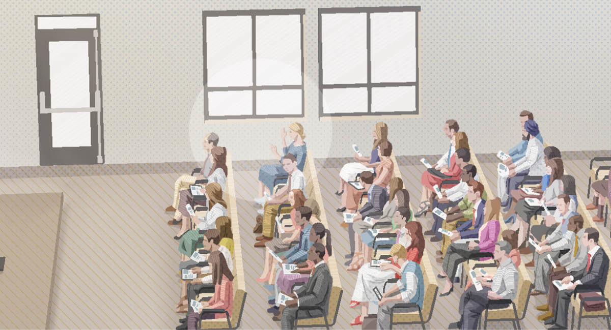 B. Una Testimone seduta tra i presenti fa un commento durante una parte che prevede la partecipazione dell’uditorio.