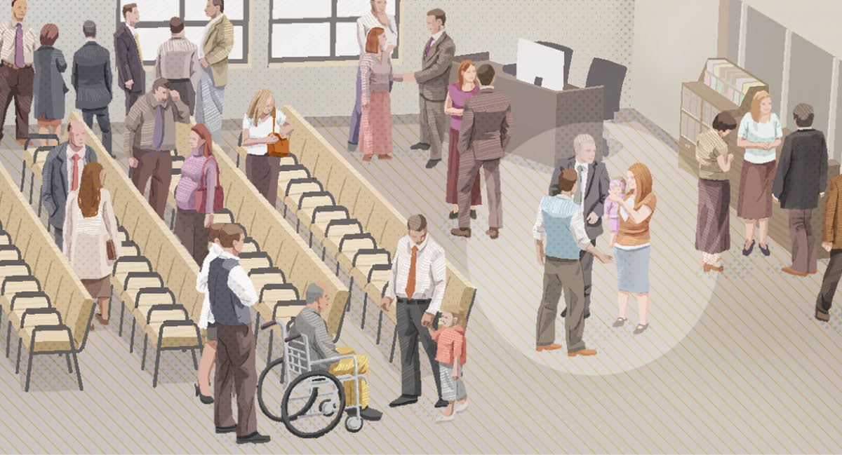 C. Un Testimone parla con una famiglia dopo l’adunanza.