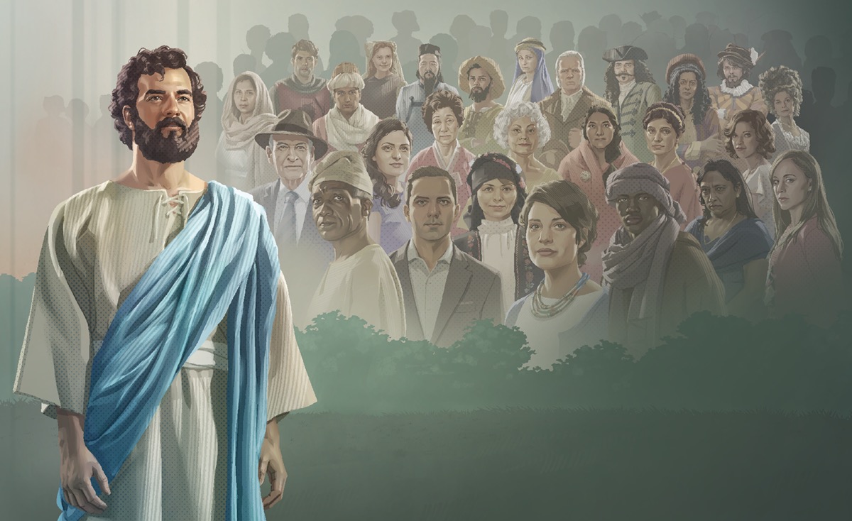 B. Collage: 1. Gesù Cristo. 2. Persone di varie età, razze, culture e provenienze.