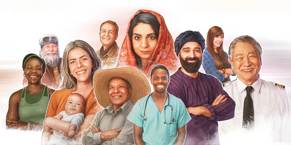 Persone felici di diverse età, etnie, culture e professioni.