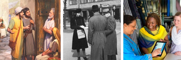 1. Discepoli di Gesù del I secolo che predicano; 2. Seguace di Gesù dei tempi moderni che svolge la testimonianza pubblica; 3. Seguaci di Gesù di oggi mostrano a una donna il sito jw.org