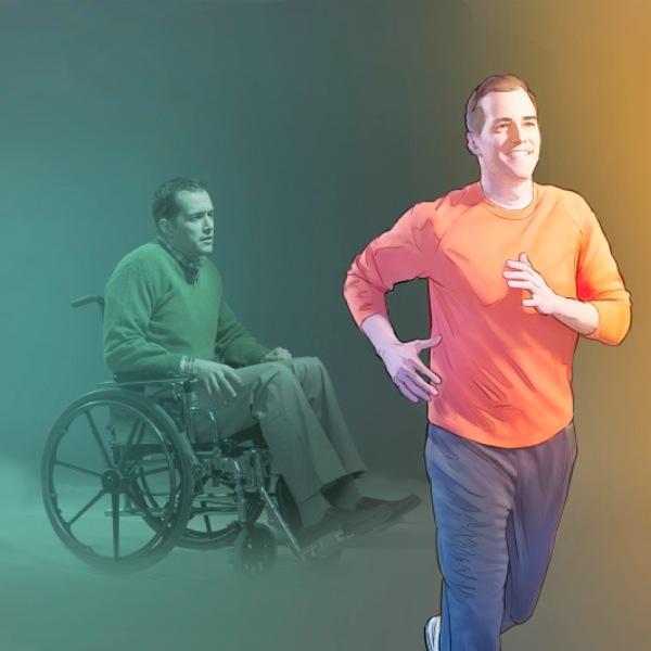 Uomo su una sedia a rotelle cammina di nuovo