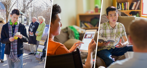Un ragazzo prende un volantino da un espositore mobile, visita il sito jw.org e studia la Bibbia