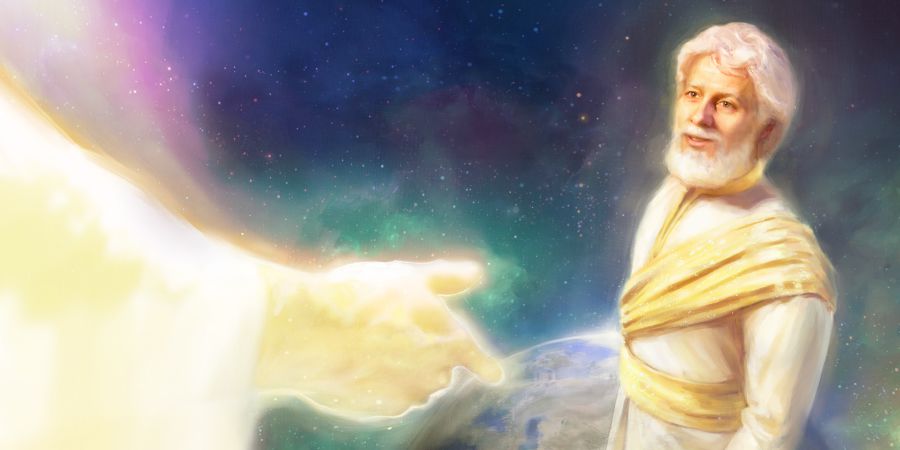 Prima di lasciare il cielo per venire sulla terra, Gesù guarda suo Padre, Geova