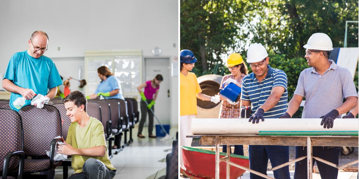 Testimoni di Geova lavorano insieme presso una Sala del Regno