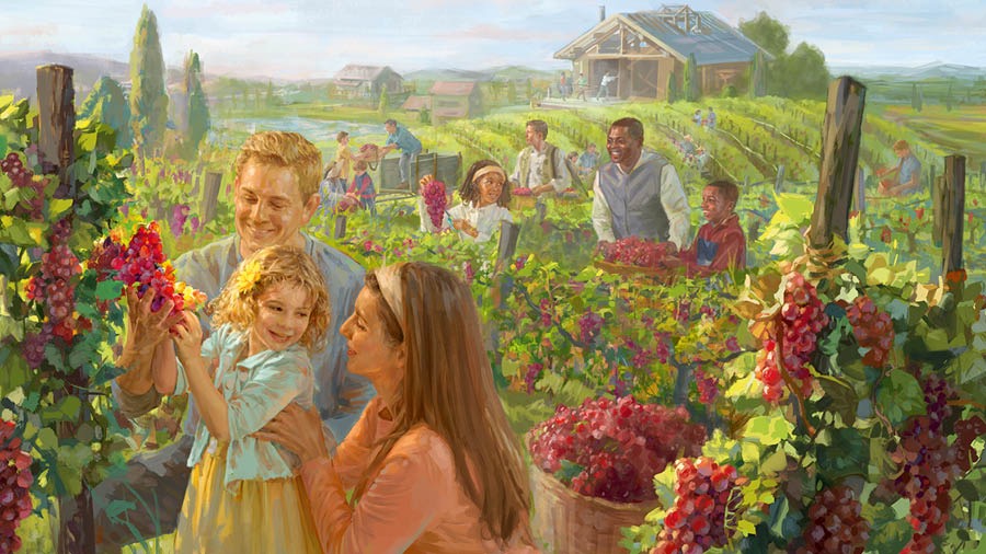 Famiglie di varie etnie vendemmiano felici nel nuovo mondo