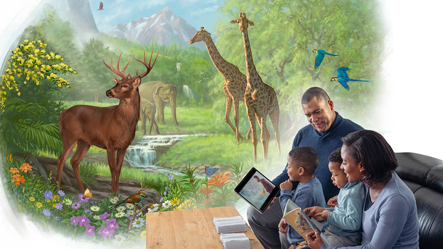 Marito e moglie studiano con i loro bambini. A uno fanno vedere un video sul riscatto e all’altro il libro “Impariamo dai racconti della Bibbia”. La famiglia si immagina nel Paradiso circondata da tanti animali.