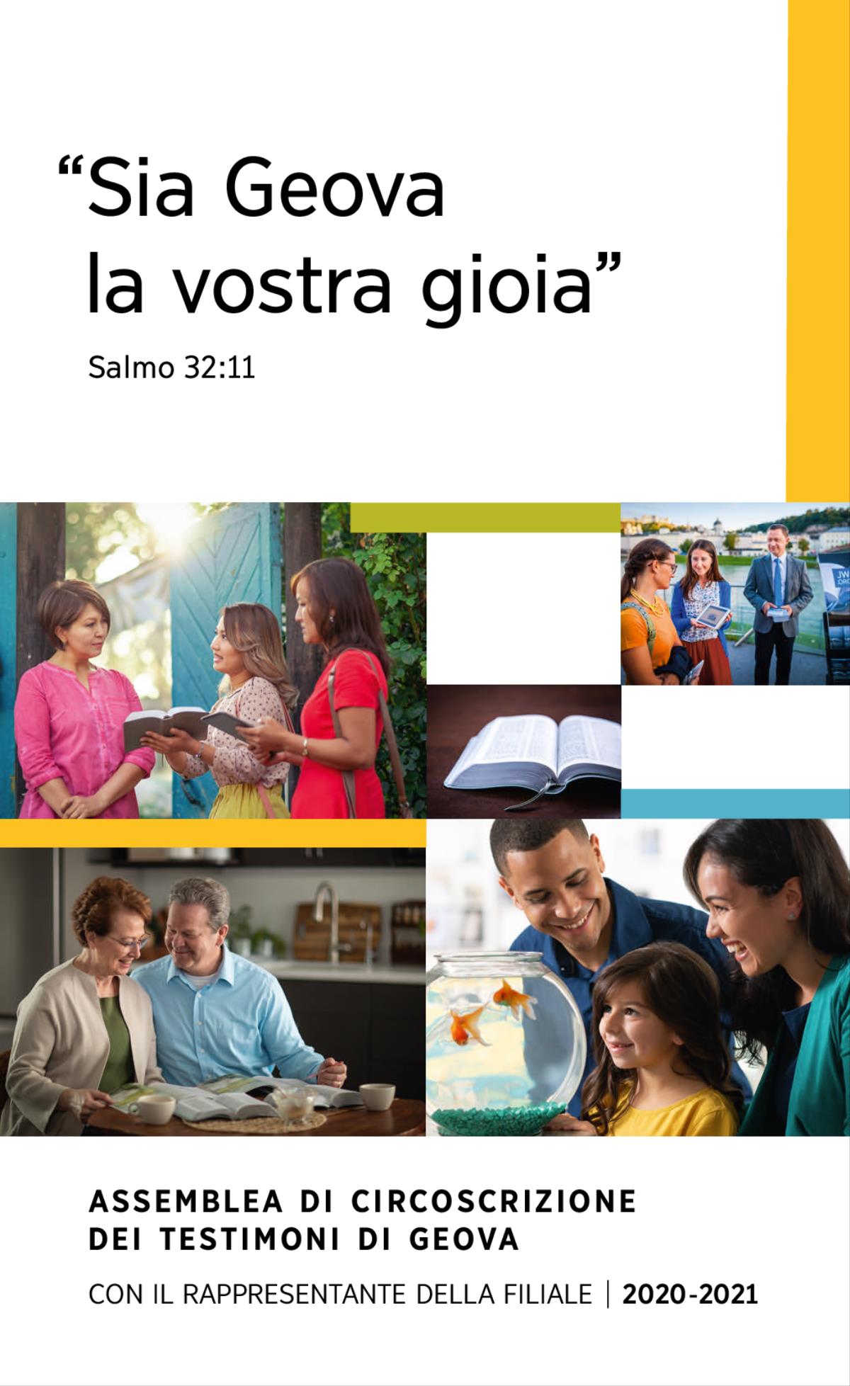 Collage: 1. Una famiglia felice osserva dei pesci rossi. 2. Due testimoni di Geova esaminano un versetto biblico con una donna davanti a casa sua. 3. Una coppia studia la Bibbia con l’aiuto di pubblicazioni bibliche. 4. Una Bibbia aperta. 5. Una coppia mostra un video basato sulla Bibbia a una donna lungo un viale.