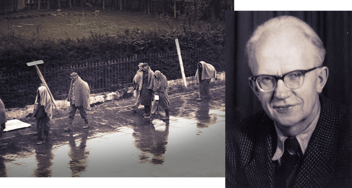 Collage: 1. Prigionieri di un campo di concentramento in cammino durante una marcia della morte. 2. Martin Seyfert.