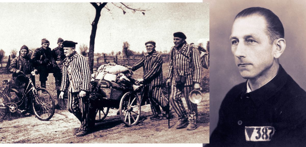 Collage: 1. Tre testimoni di Geova in cammino verso casa da Sachsenhausen. 2. Paul Rehwald.