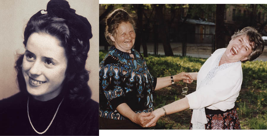 Collage: 1. Hermine Schmidt da giovane. 2. Anastasija Kazak e Hermine felici di incontrarsi di nuovo.
