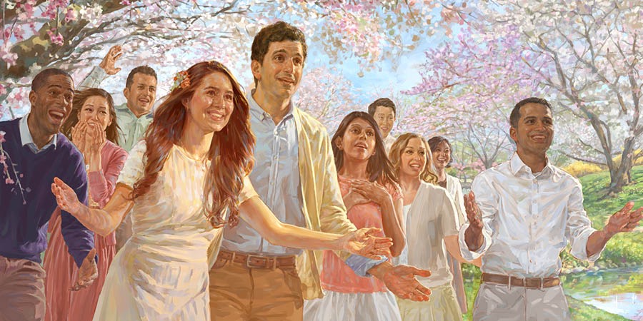 Persone nel Paradiso pronte ad accogliere i loro cari che sono stati risuscitati