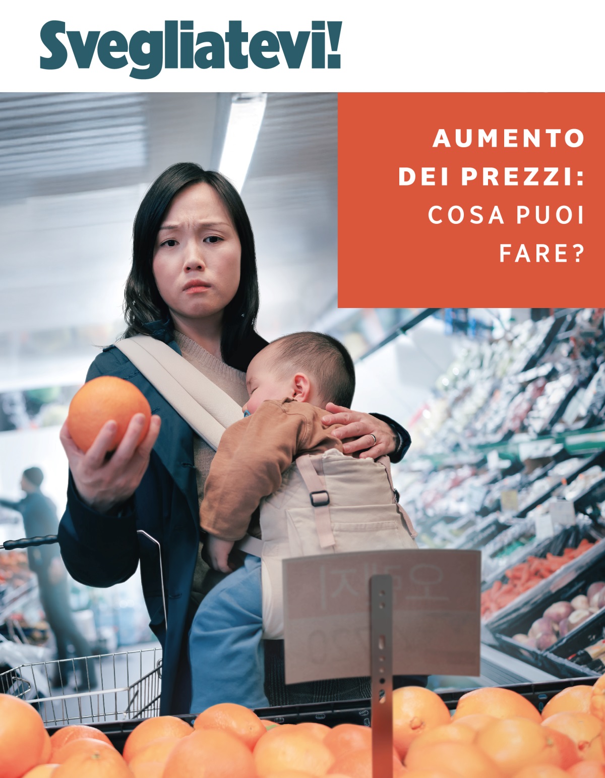 In un negozio di alimentari una madre, con in braccio il suo bimbo che dorme, guarda preoccupata il prezzo di un tipo di frutta.