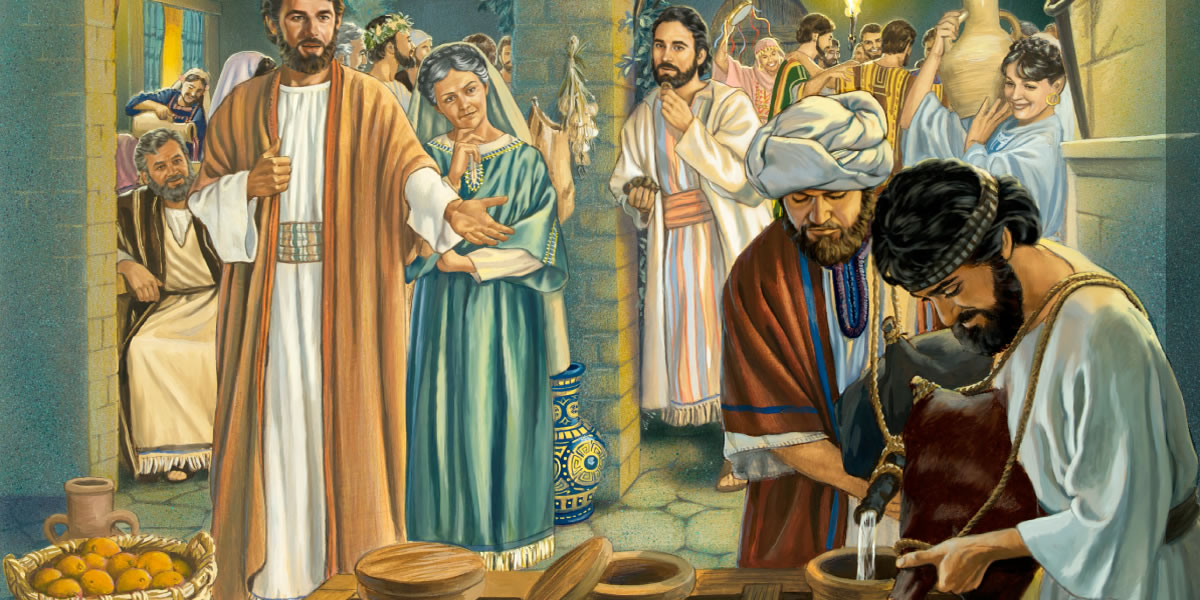 Durante una festa di nozze a Cana, Gesù dice ai servitori di riempire d’acqua alcuni recipienti