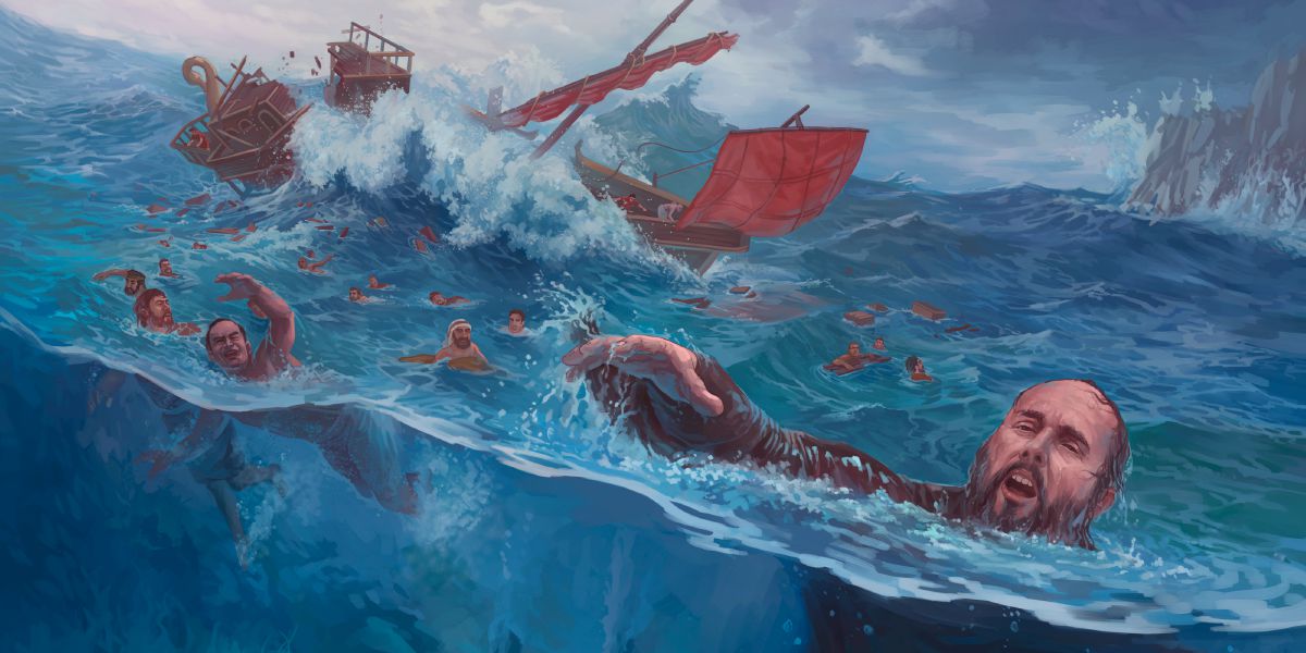 Paolo e altri nuotano mentre alcuni si tengono aggrappati ai pezzi della nave che ha fatto naufragio al largo di Malta