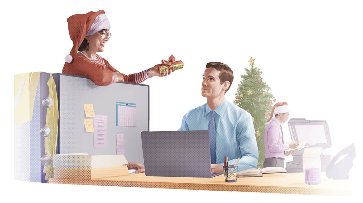 Una collega di lavoro offre a un fratello un regalo di Natale.