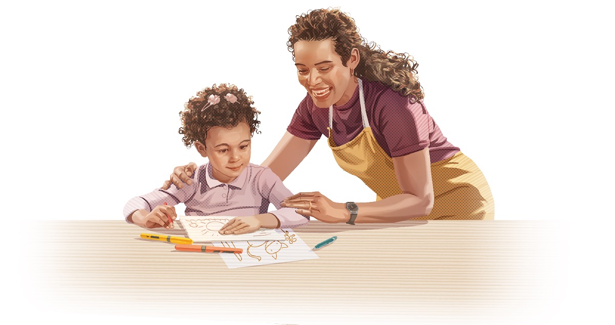 Una mamma loda la sua bambina, che ha appena fatto un disegno.