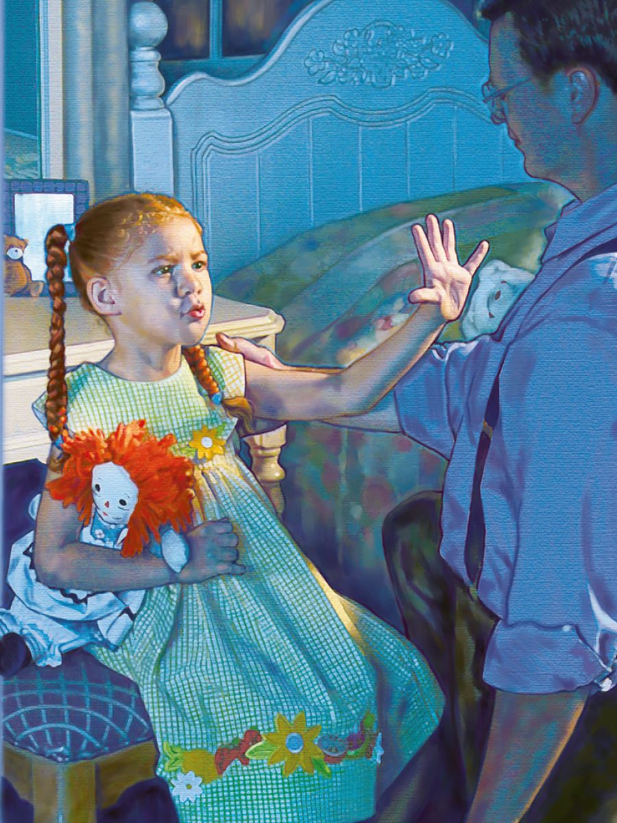 Una bambina tiene la mano sollevata per impedire a un uomo di toccarla in modo inappropriato