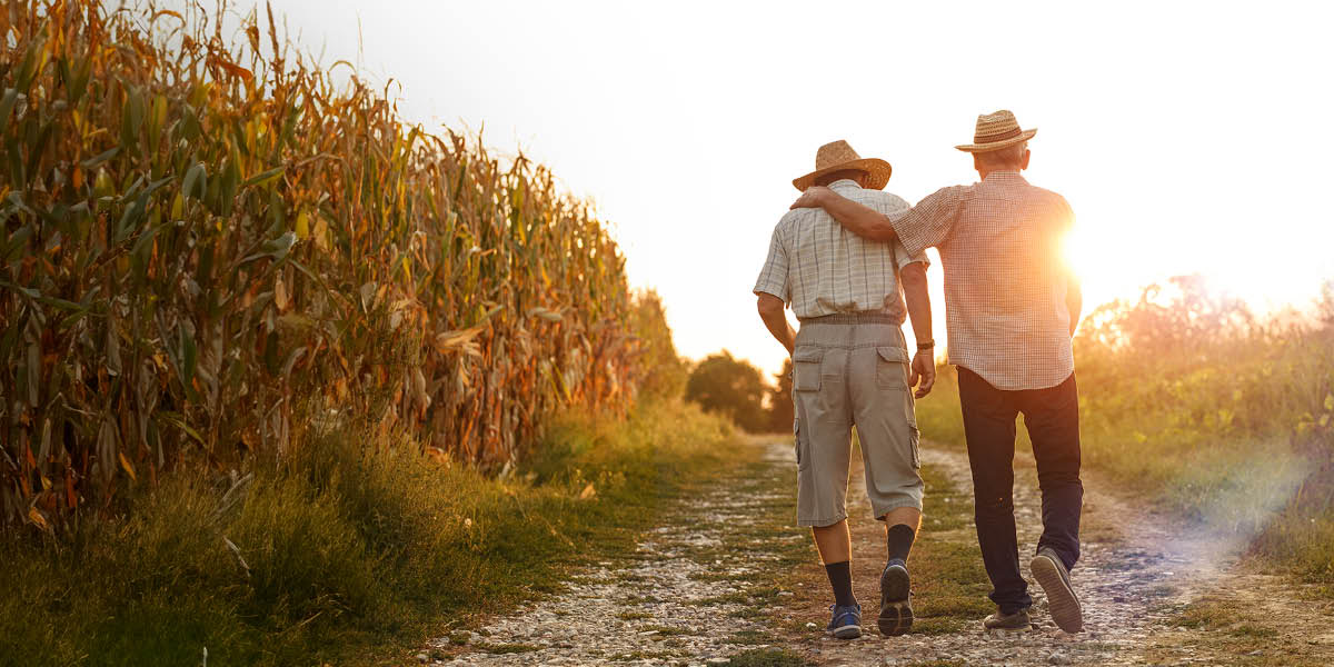 Due uomini anziani camminano lungo un sentiero di campagna al tramonto. Uno ha la mano sulla spalla dell’altro.