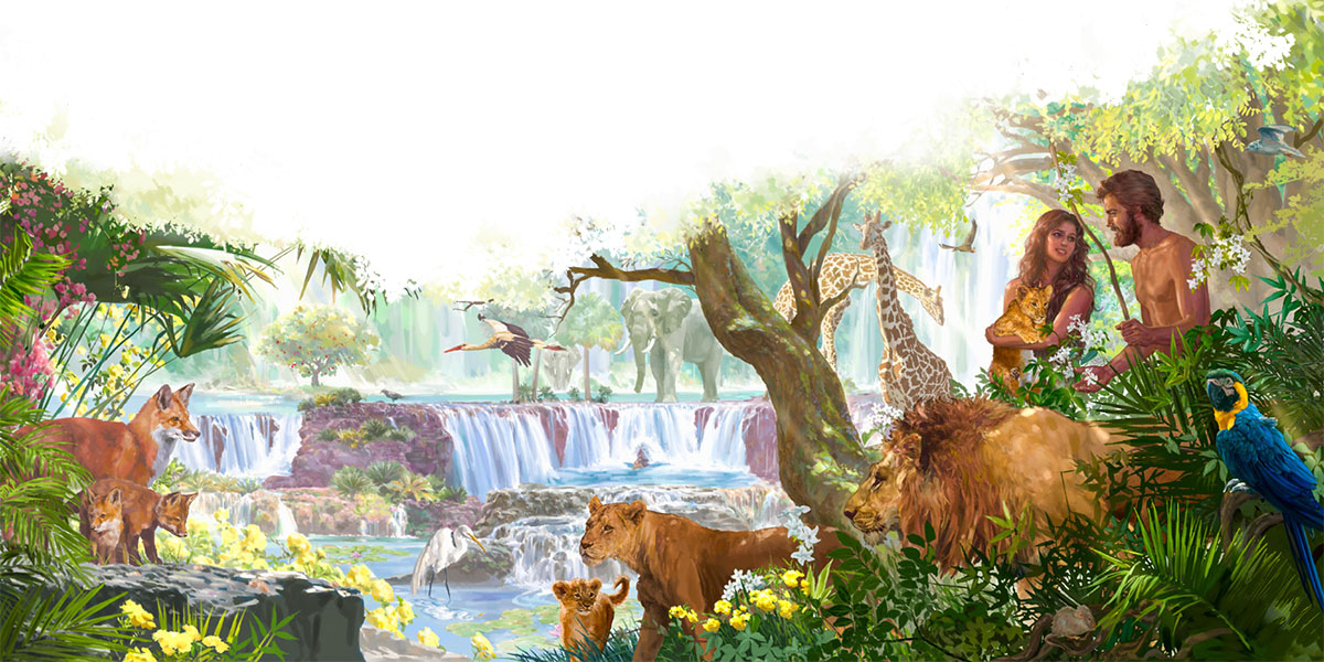 Adamo ed Eva nel Paradiso circondati da animali, alberi e cascate