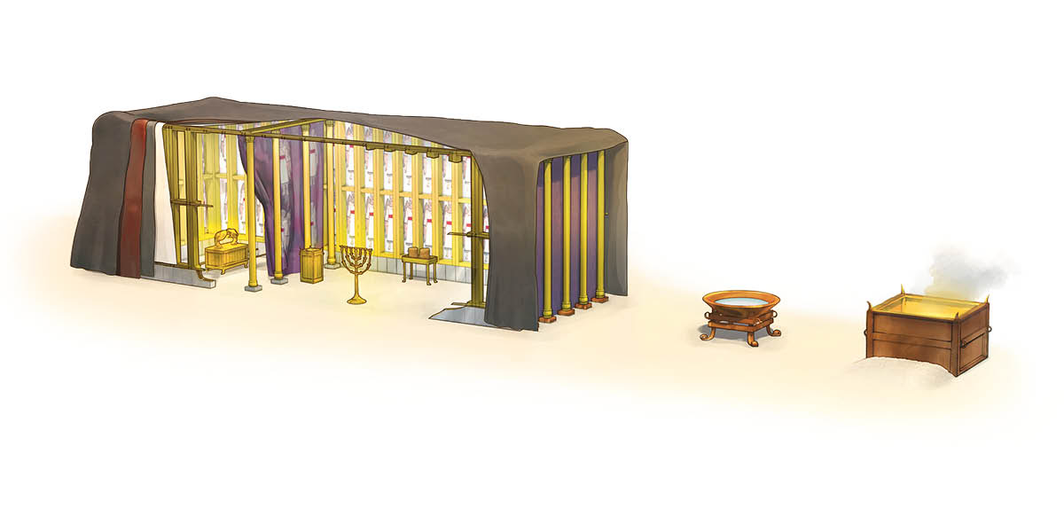 Immagine del tabernacolo che mostra la copertura, la struttura e l’interno. Affianco sono rappresentati il bacino di rame e l’altare degli olocausti.