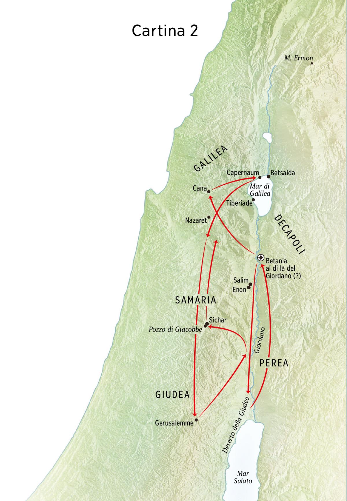 Cartina delle località legate alla vita di Gesù, incluse la zona del Giordano e la Giudea