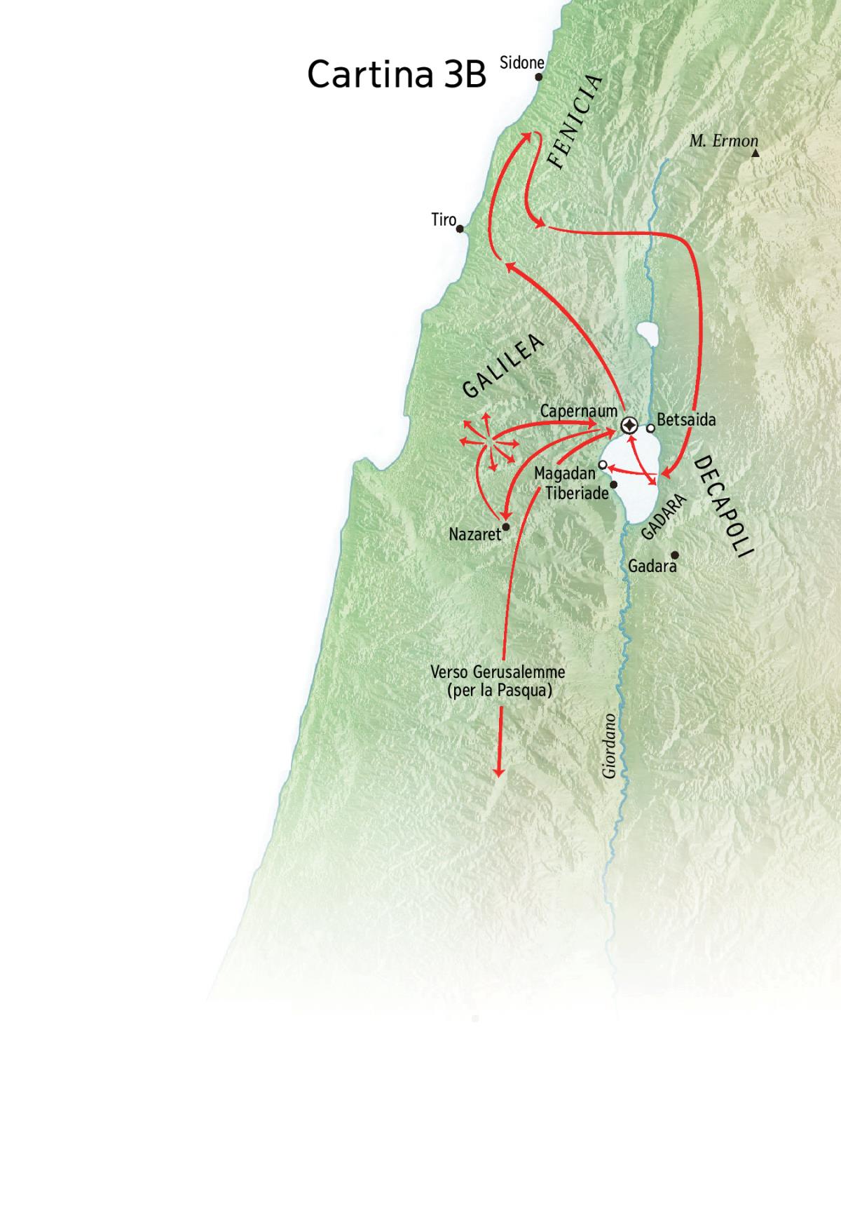 Cartina delle località legate al ministero di Gesù in Galilea, in Fenicia e nella Decapoli