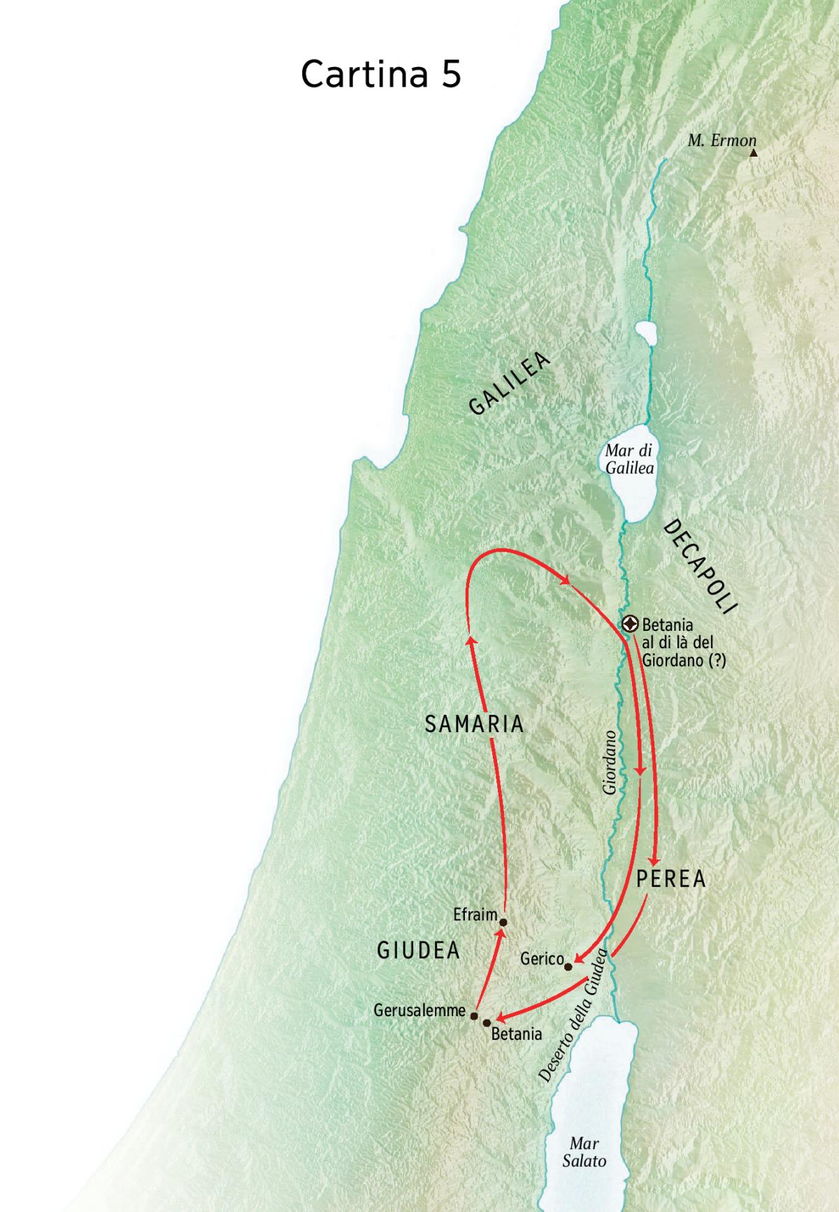 Cartina delle località legate al ministero di Gesù, incluse Betania, Gerico e la Perea