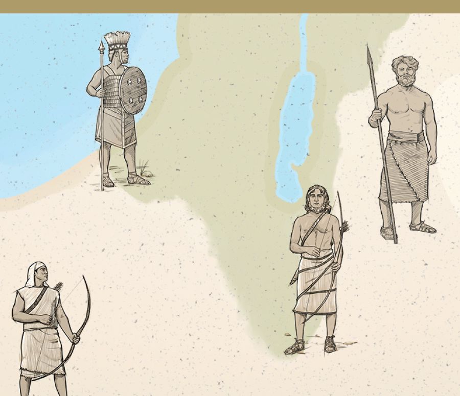 Parte di una cartina che mostra le nazioni intorno a Gerusalemme, rappresentate dai loro guerrieri.