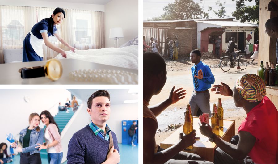 Collage: Resistere alle tentazioni. 1. Mentre pulisce una camera d’albergo, una sorella vede dei gioielli lasciati dagli ospiti di quella camera. 2. A scuola un fratello giovane si allontana da due ragazze che lo stanno guardando. 3. Un fratello rifiuta l’invito di ragazzi che prima erano suoi amici a bere, fumare e giocare d’azzardo.