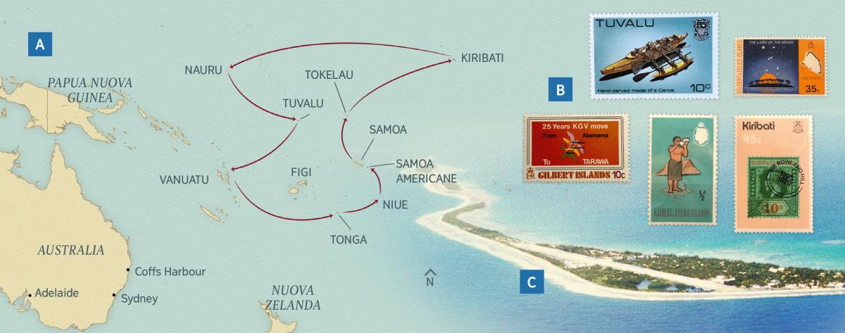 Una cartina con i viaggi che i coniugi Payne hanno fatto nella circoscrizione; francobolli di alcune isole; l’isola di Funafuti nelle Tuvalu