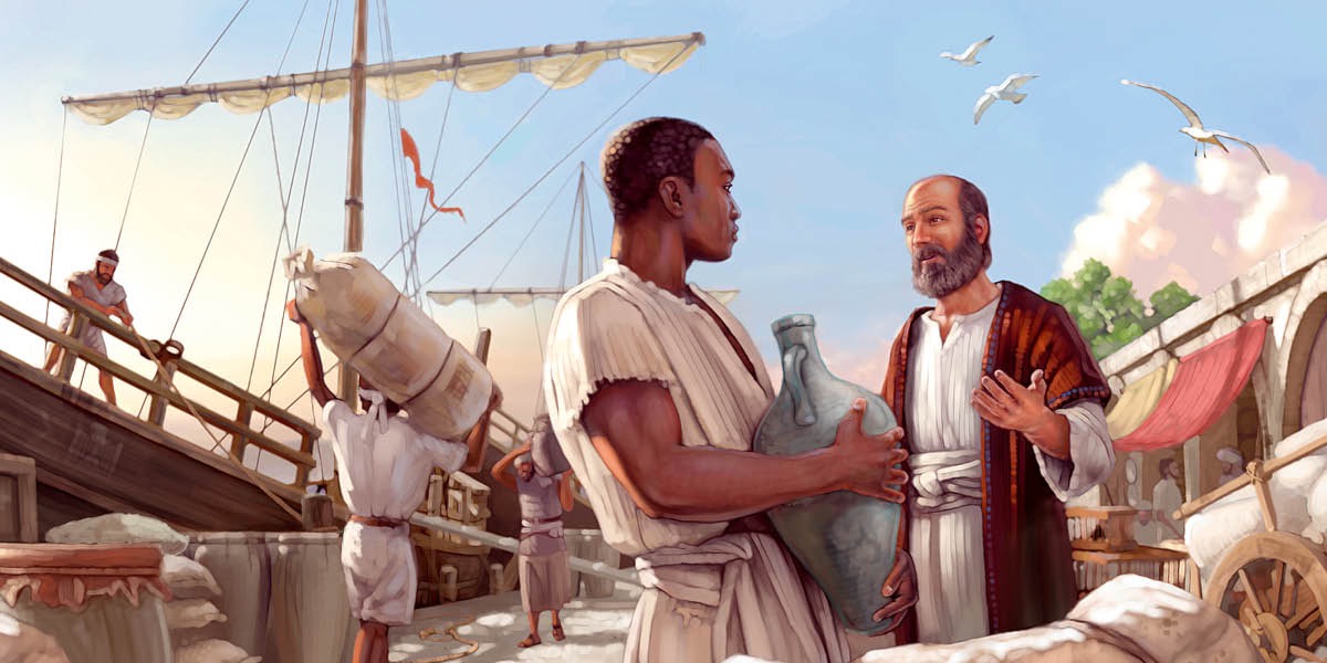 L’apostolo Paolo parla con un uomo che sta lavorando vicino a una nave da carico