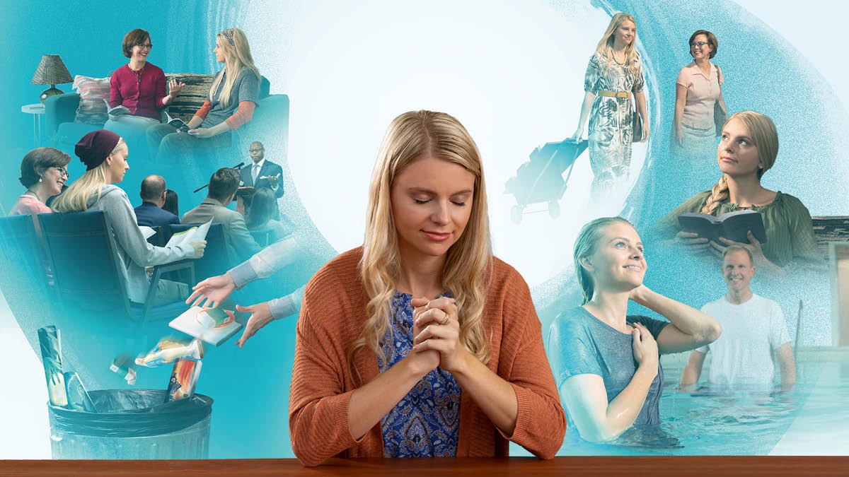 Collage: Passi che compie una donna in relazione al battesimo. 1. Studia la Bibbia con una sorella. 2. Assiste a un’adunanza in abiti casual. 3. Butta nella spazzatura diverse cose tra cui sigarette, una statuetta religiosa e immagini che raffigurano pratiche spiritiche. 4. Si dedica a Geova in preghiera. 5. Partecipa alla testimonianza pubblica. 6. Medita mentre legge la Bibbia. 7. Si è appena battezzata.