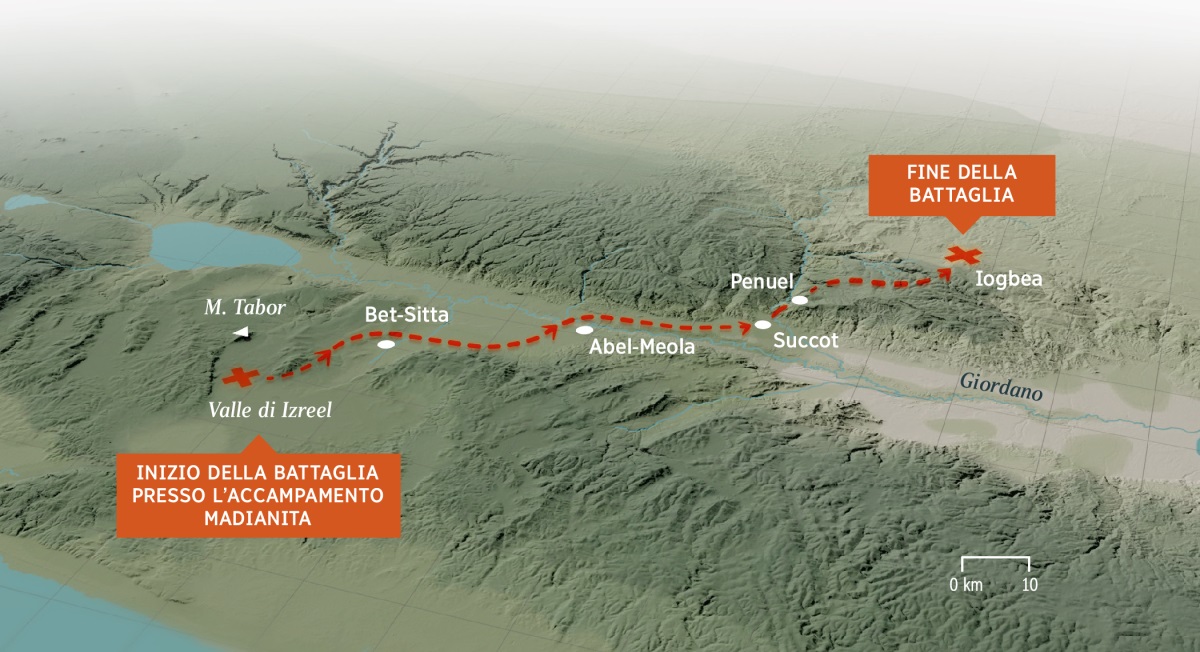 Una cartina mostra il territorio in parte montuoso e la distanza che Gedeone e i suoi uomini percorsero mentre inseguivano i madianiti dalla Valle di Izreel a Iogbea.