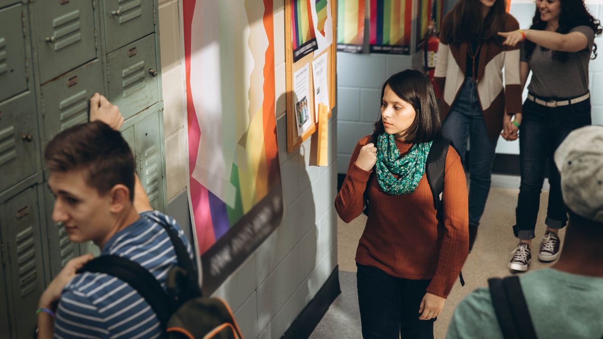La sorella cammina nel corridoio della scuola e guarda un cartellone che promuove stili di vita omosessuali. Dietro di lei due ragazze che indossano braccialetti con i colori dell’arcobaleno camminano mano nella mano.